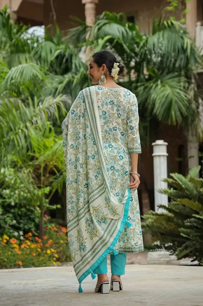 Anarkhi Women's Ivory & Turquoise Floral Printed Kurta Pant & Dupatta Set | Elegant Ethnic Wear