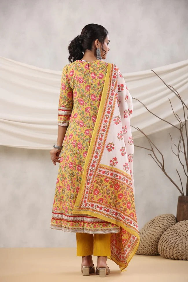 Anarkhi Women's Mustard Yellow Floral Printed Anarkali Kurta & Pant Set | Elegant Casual Ethnic Wear