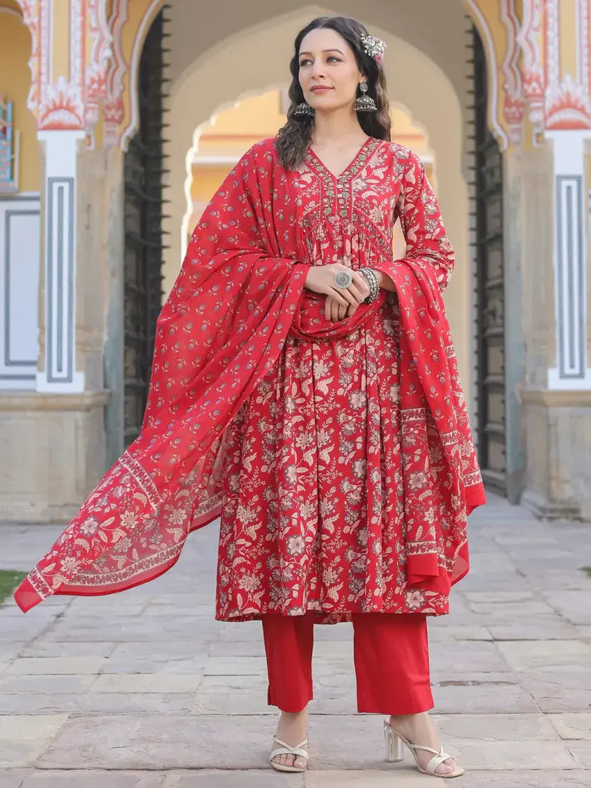 Anarkhi Women's Red Floral Printed Anarkali Kurta Pant & Dupatta Set | Elegant Festive Ethnic Wear