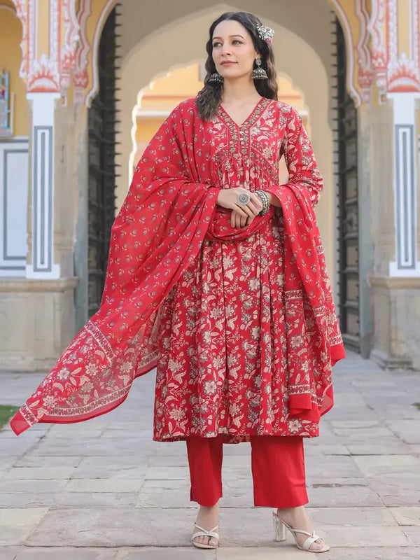 Anarkhi Women's Red Floral Printed Anarkali Kurta Pant & Dupatta Set | Elegant Festive Ethnic Wear