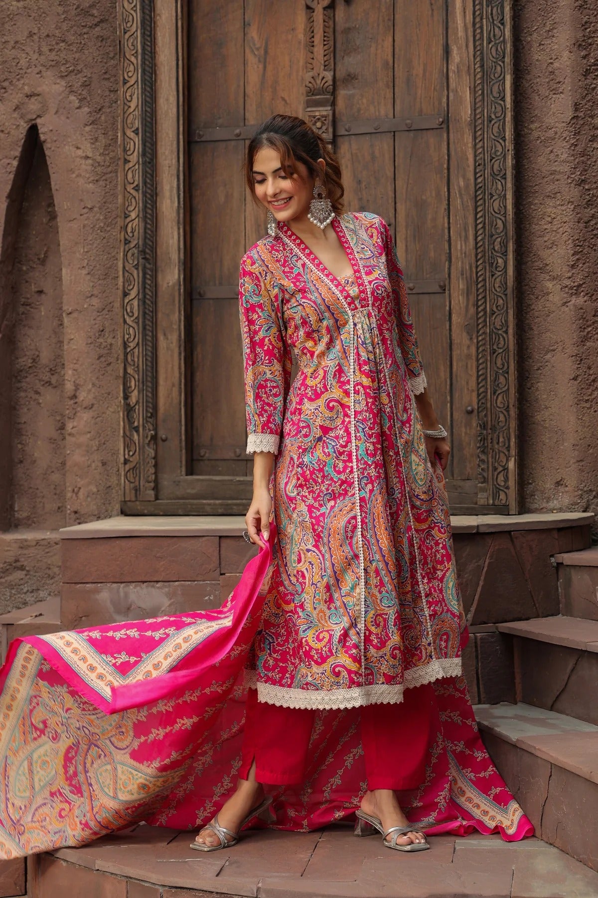 Anarkhi Women's Rani Pink Paisley Printed Anarkali Kurta Pant & Dupatta Set | Ethnic Festive Wear