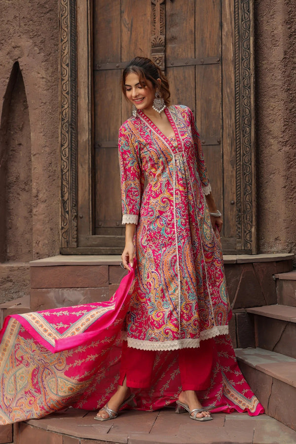 Anarkhi Women's Rani Pink Paisley Printed Anarkali Kurta Pant & Dupatta Set | Ethnic Festive Wear