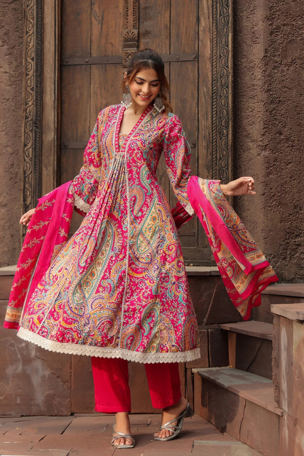 Anarkhi Women's Rani Pink Paisley Printed Anarkali Kurta Pant & Dupatta Set | Ethnic Festive Wear