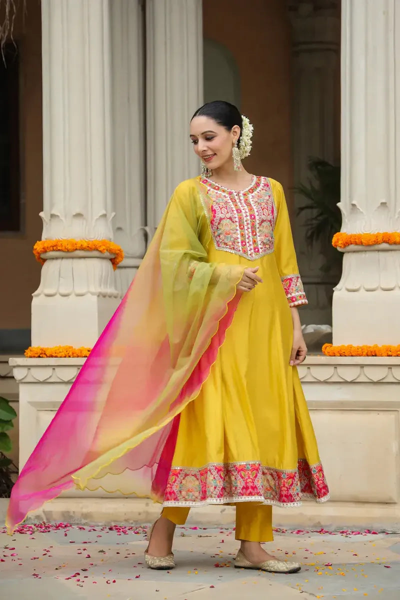 Anarkhi Women's Mustard Yellow Embroidered Anarkali Kurta Pant & Multicolor Dupatta Set | Festive Ethnic Wear