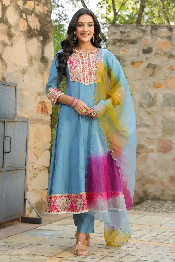 Anarkhi Women's Sky Blue Embroidered Anarkali Kurta Pant & Multicolor Dupatta Set | Festive Ethnic Wear