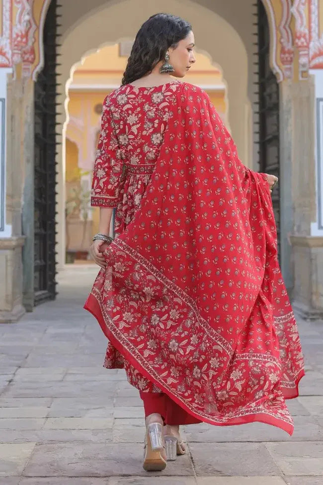 Anarkhi Women's Red Floral Printed Anarkali Kurta Pant & Dupatta Set | Elegant Festive Ethnic Wear