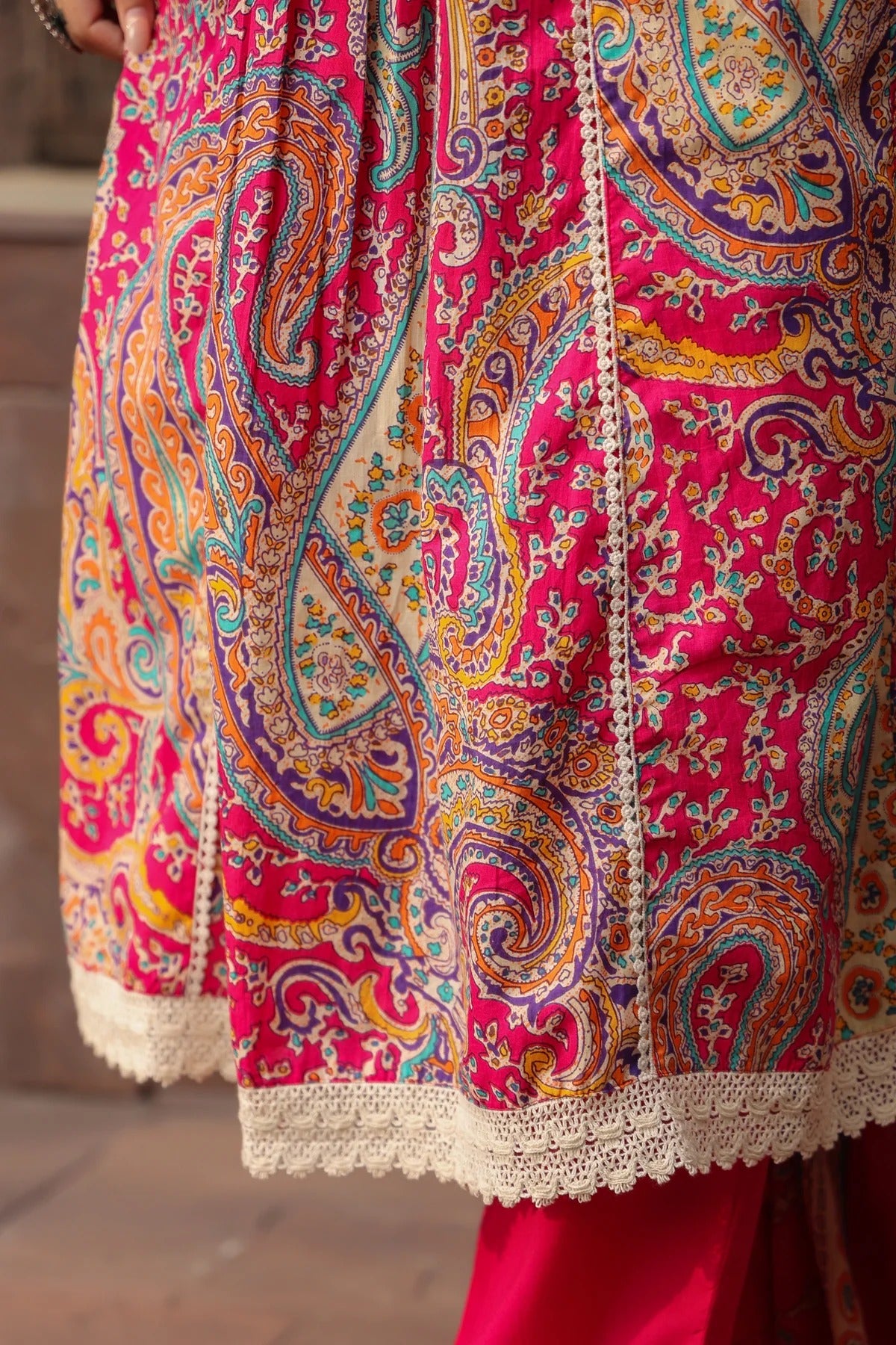 Anarkhi Women's Rani Pink Paisley Printed Anarkali Kurta Pant & Dupatta Set | Ethnic Festive Wear