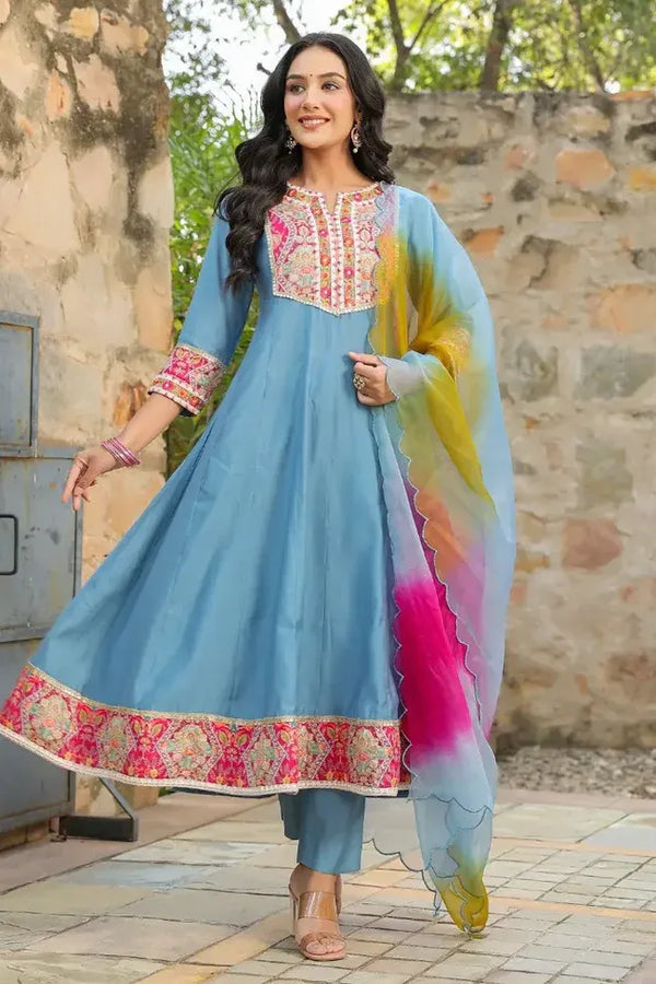 Anarkhi Women's Sky Blue Embroidered Anarkali Kurta Pant & Multicolor Dupatta Set | Festive Ethnic Wear
