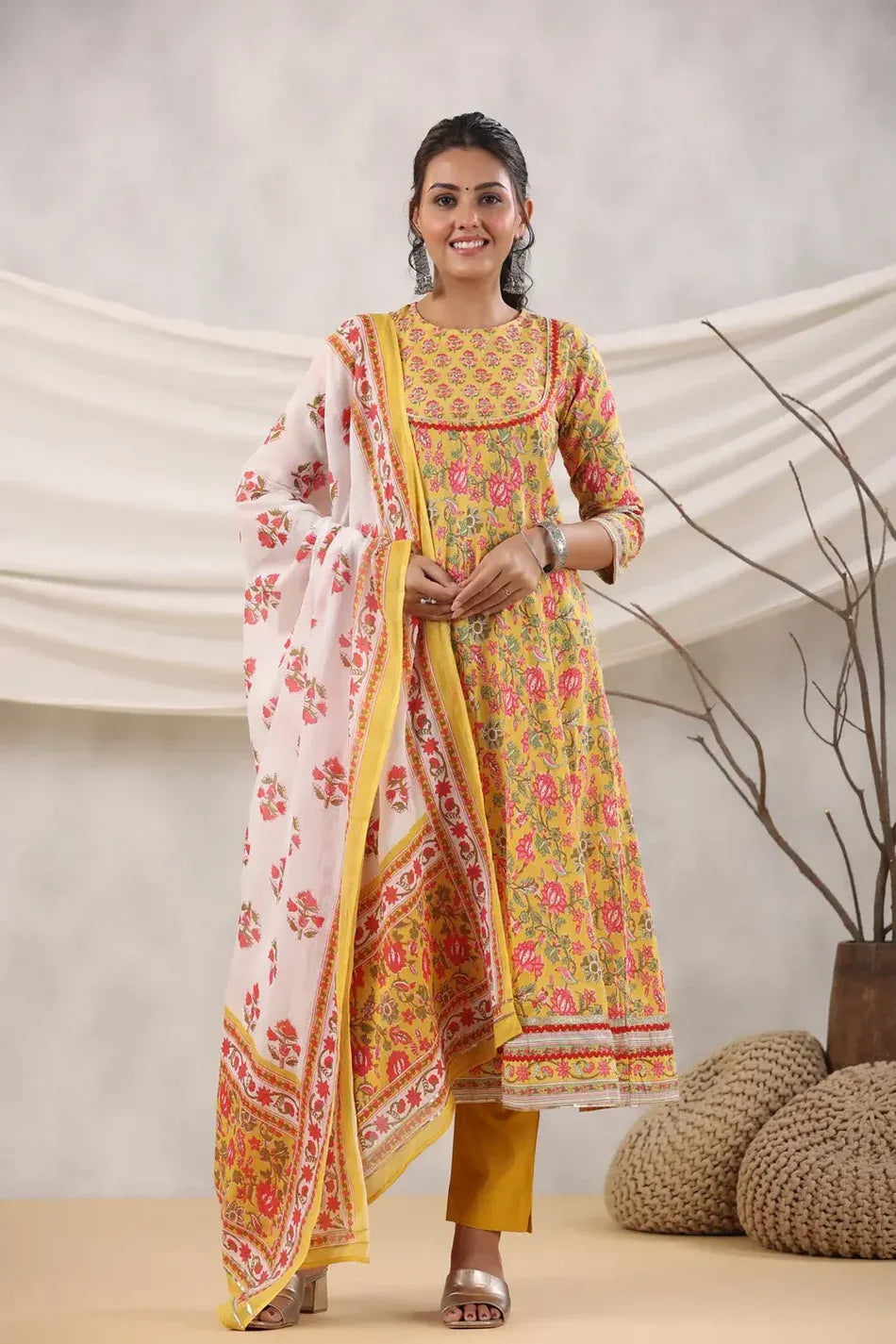 Anarkhi Women's Mustard Yellow Floral Printed Anarkali Kurta & Pant Set | Elegant Casual Ethnic Wear