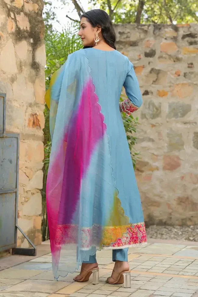 Anarkhi Women's Sky Blue Embroidered Anarkali Kurta Pant & Multicolor Dupatta Set | Festive Ethnic Wear