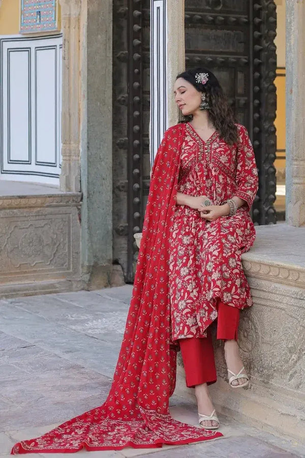 Anarkhi Women's Red Floral Printed Anarkali Kurta Pant & Dupatta Set | Elegant Festive Ethnic Wear