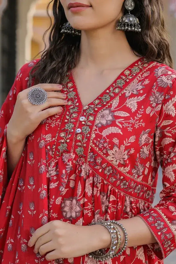 Anarkhi Women's Red Floral Printed Anarkali Kurta Pant & Dupatta Set | Elegant Festive Ethnic Wear