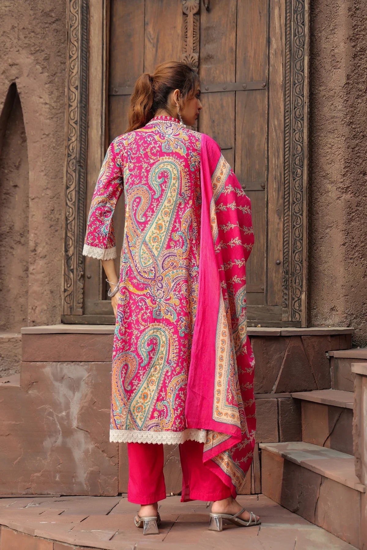 Anarkhi Women's Rani Pink Paisley Printed Anarkali Kurta Pant & Dupatta Set | Ethnic Festive Wear