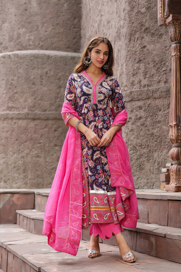 Anarkhi Women's Navy Blue Floral Printed Anarkali Kurta Pant & Dupatta Set | Elegant Ethnic Wear