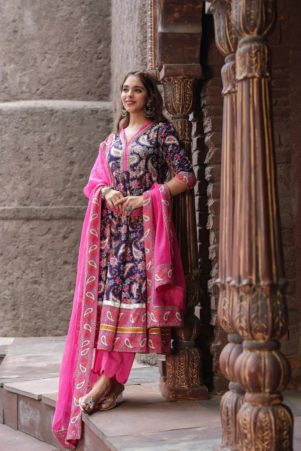 Anarkhi Women's Navy Blue Floral Printed Anarkali Kurta Pant & Dupatta Set | Elegant Ethnic Wear