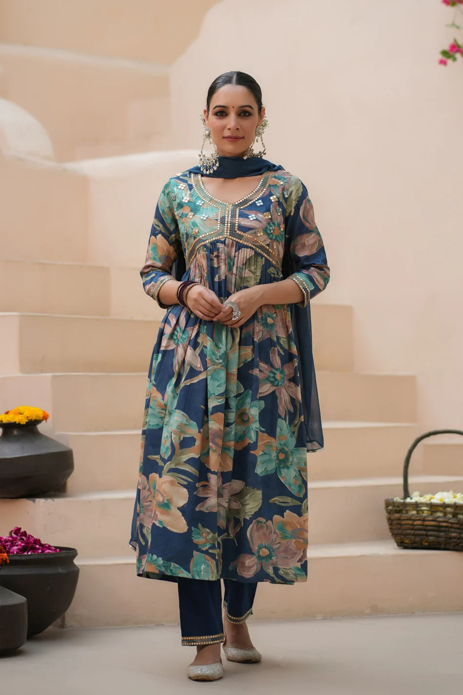 Anarkhi Women's Navy Blue Floral Printed Anarkali Kurta Pant & Dupatta Set | Elegant Festive Ethnic Wear