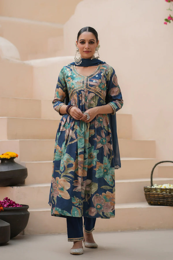 Anarkhi Women's Navy Blue Floral Printed Anarkali Kurta Pant & Dupatta Set | Elegant Festive Ethnic Wear