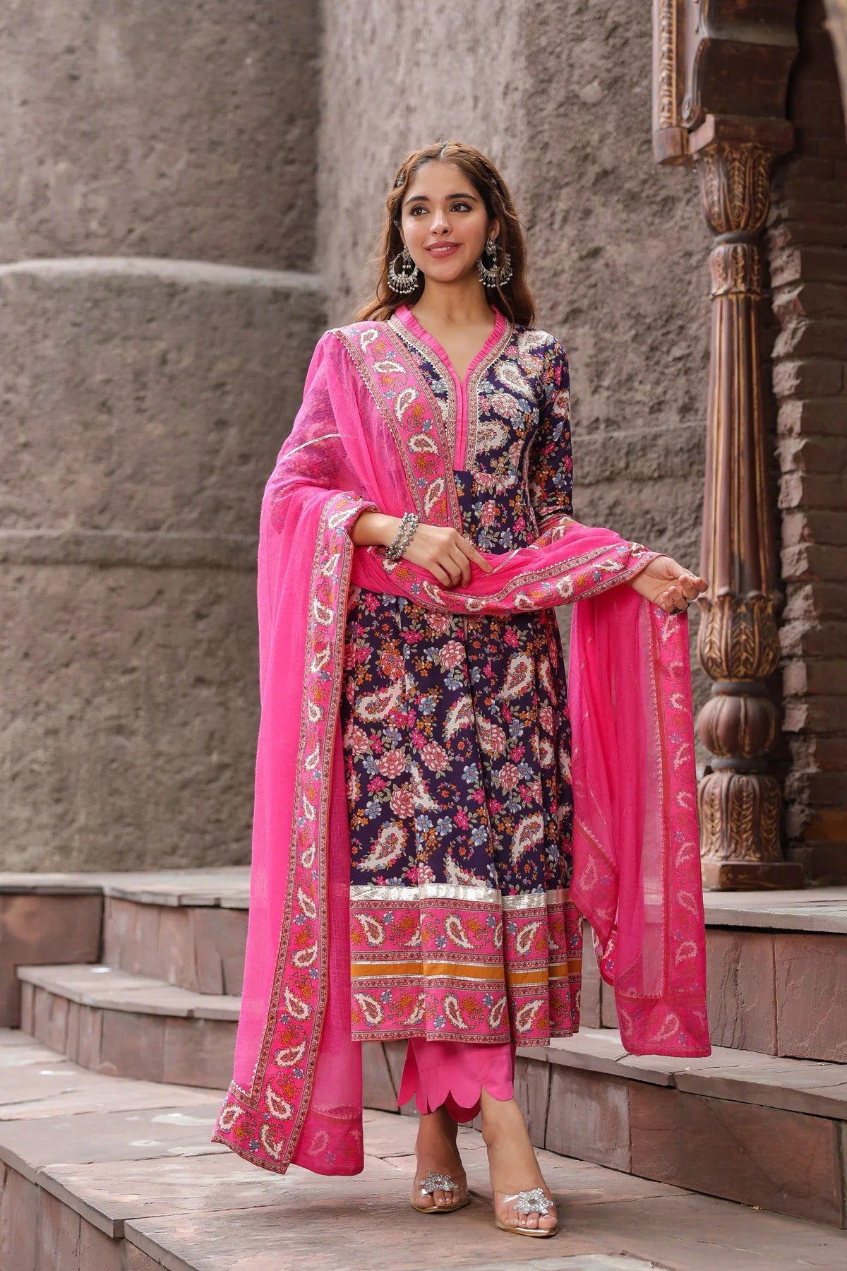 Anarkhi Women's Navy Blue Floral Printed Anarkali Kurta Pant & Dupatta Set | Elegant Ethnic Wear