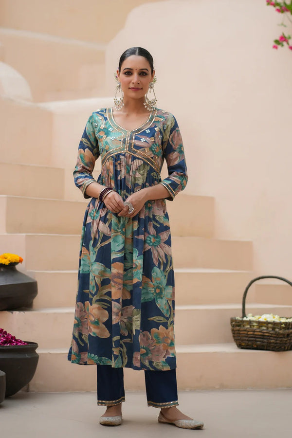 Anarkhi Women's Navy Blue Floral Printed Anarkali Kurta Pant & Dupatta Set | Elegant Festive Ethnic Wear