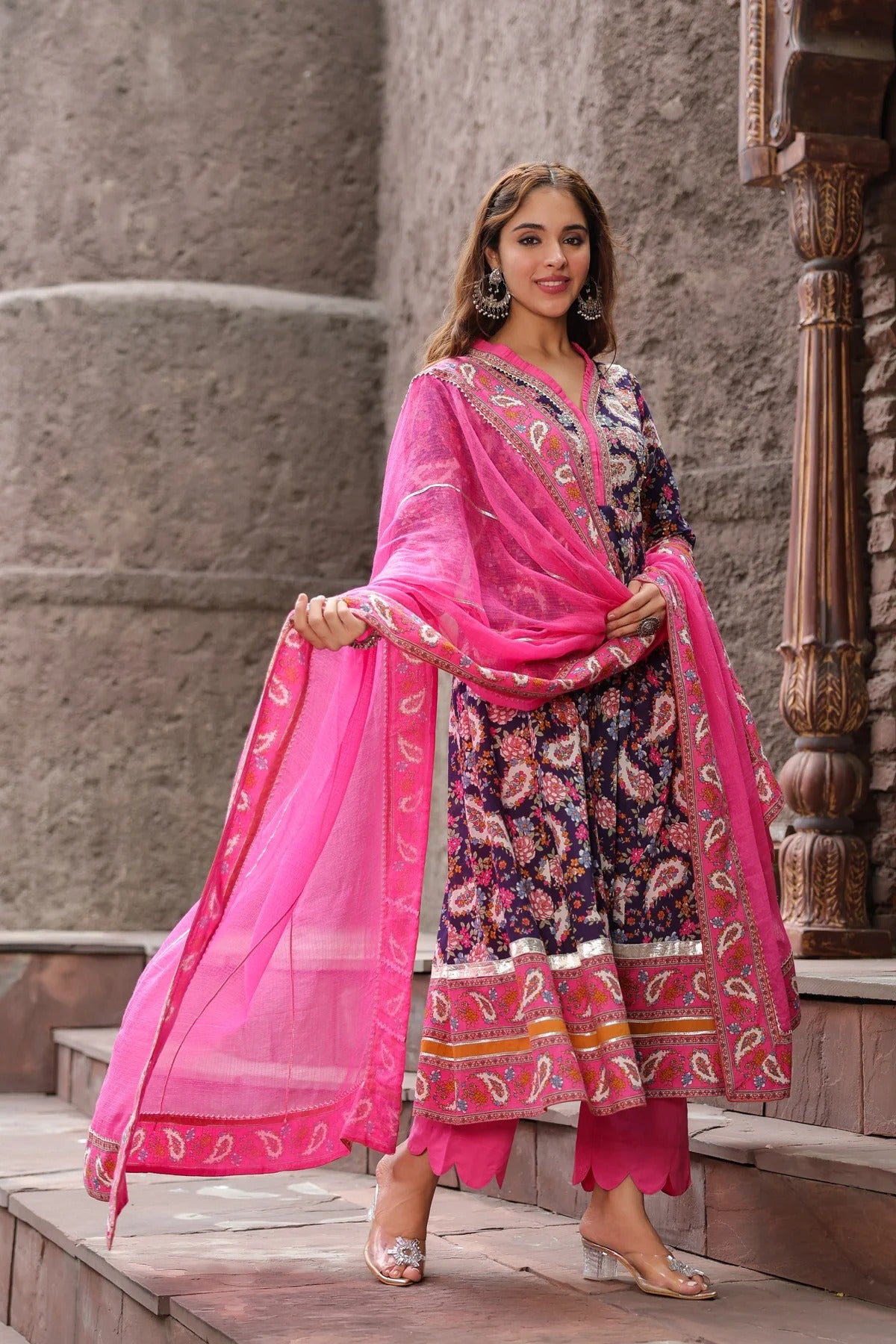 Anarkhi Women's Navy Blue Floral Printed Anarkali Kurta Pant & Dupatta Set | Elegant Ethnic Wear