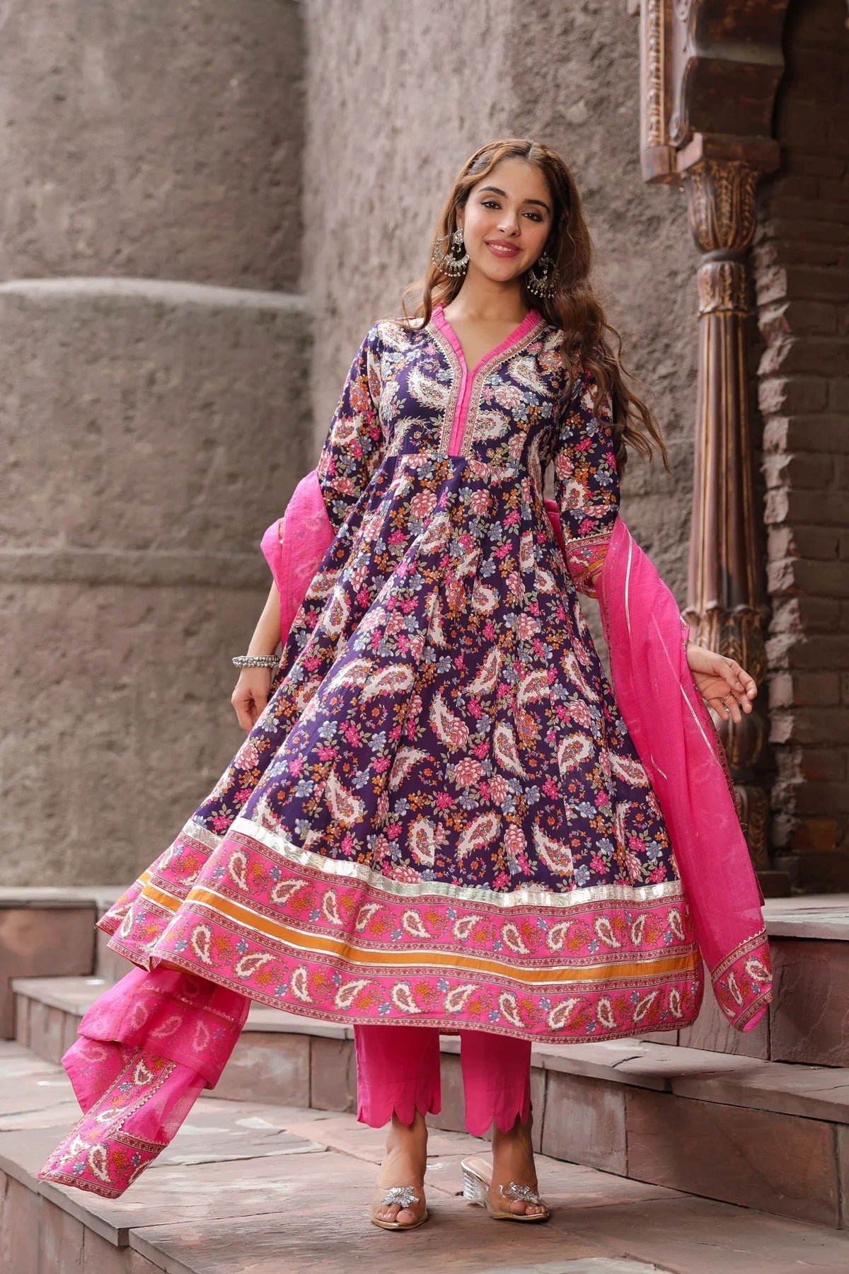 Anarkhi Women's Navy Blue Floral Printed Anarkali Kurta Pant & Dupatta Set | Elegant Ethnic Wear