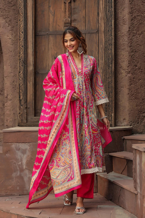 Anarkhi Women's Rani Pink Paisley Printed Anarkali Kurta Pant & Dupatta Set | Ethnic Festive Wear