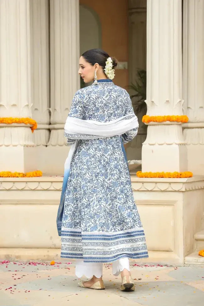 Anarkhi Women's Blue & White Floral Printed Anarkali Kurta Pant & Dupatta Set | Elegant Ethnic Festive Wear