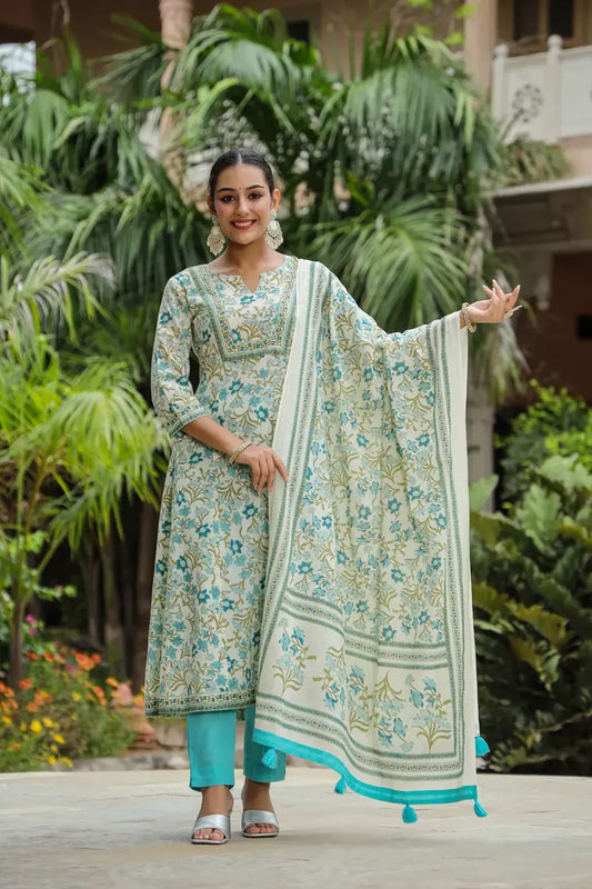 Anarkhi Women's Ivory & Turquoise Floral Printed Kurta Pant & Dupatta Set | Elegant Ethnic Wear