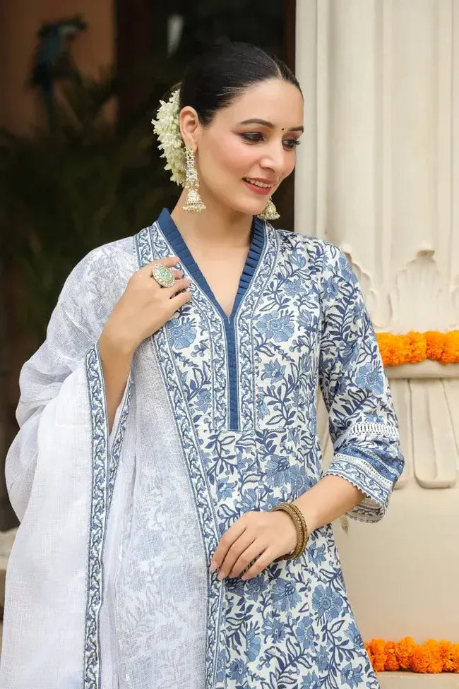 Anarkhi Women's Blue & White Floral Printed Anarkali Kurta Pant & Dupatta Set | Elegant Ethnic Festive Wear