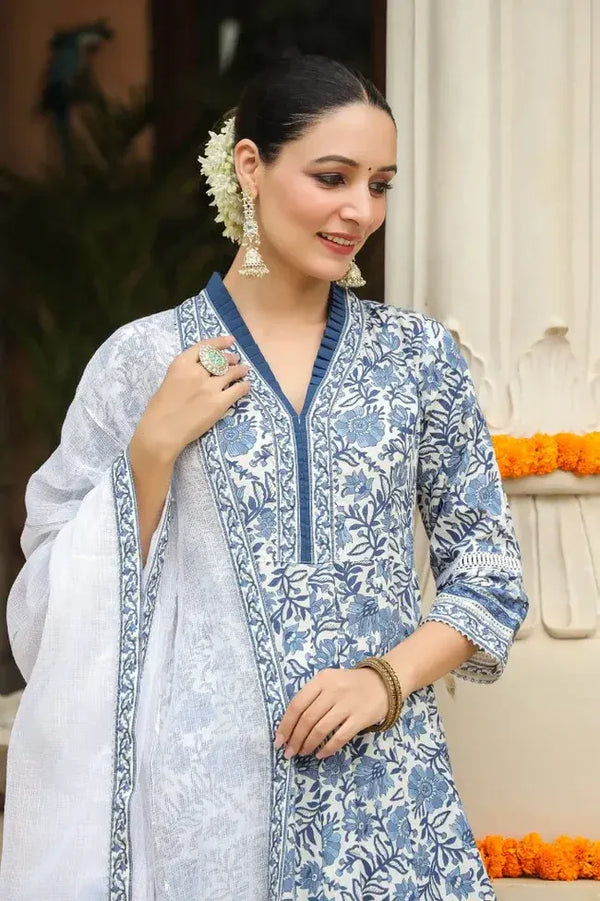 Anarkhi Women's Blue & White Floral Printed Anarkali Kurta Pant & Dupatta Set | Elegant Ethnic Festive Wear