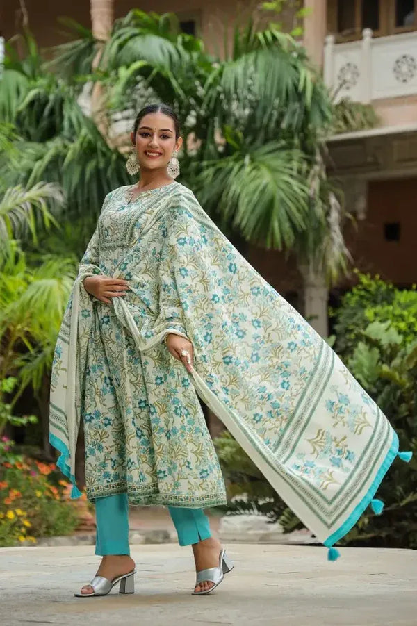 Anarkhi Women's Ivory & Turquoise Floral Printed Kurta Pant & Dupatta Set | Elegant Ethnic Wear