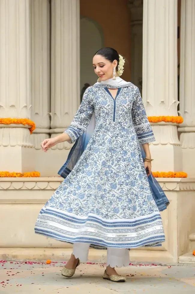 Anarkhi Women's Blue & White Floral Printed Anarkali Kurta Pant & Dupatta Set | Elegant Ethnic Festive Wear