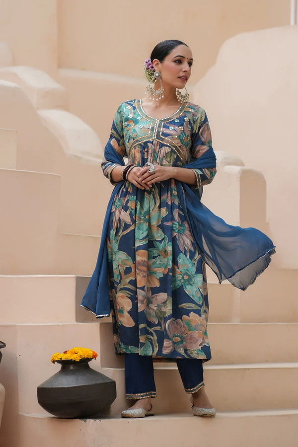 Anarkhi Women's Navy Blue Floral Printed Anarkali Kurta Pant & Dupatta Set | Elegant Festive Ethnic Wear