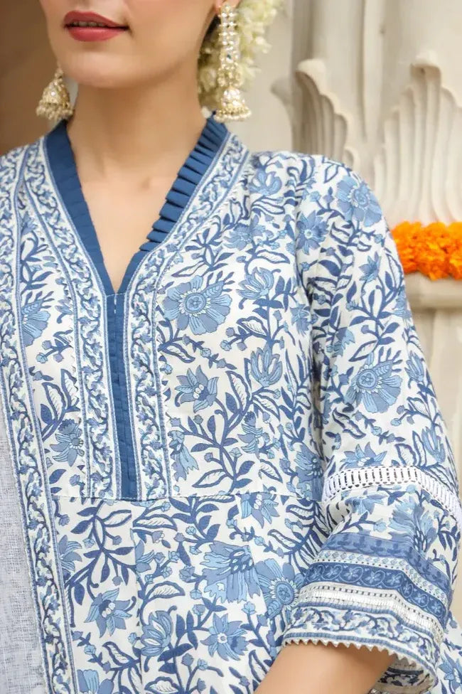 Anarkhi Women's Blue & White Floral Printed Anarkali Kurta Pant & Dupatta Set | Elegant Ethnic Festive Wear