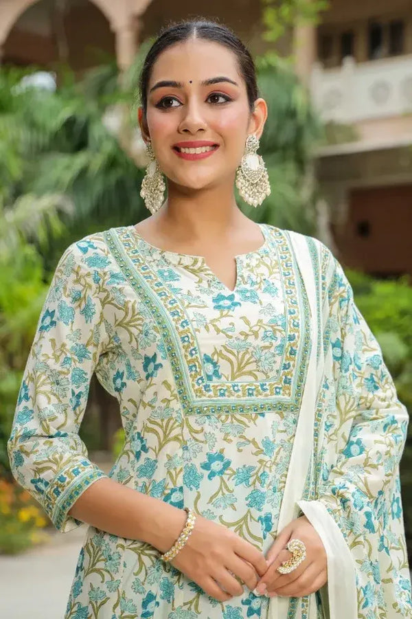 Anarkhi Women's Ivory & Turquoise Floral Printed Kurta Pant & Dupatta Set | Elegant Ethnic Wear