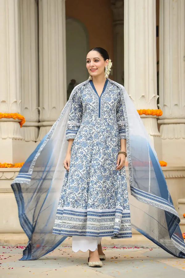 Anarkhi Women's Blue & White Floral Printed Anarkali Kurta Pant & Dupatta Set | Elegant Ethnic Festive Wear