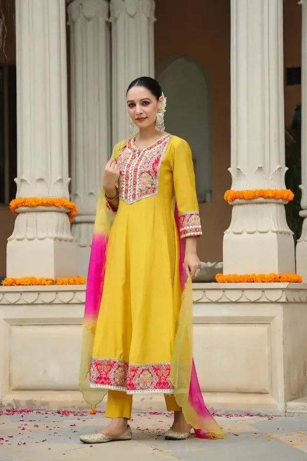 Anarkhi Women's Mustard Yellow Embroidered Anarkali Kurta Pant & Multicolor Dupatta Set | Festive Ethnic Wear