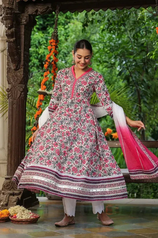 Anarkhi Women's White & Pink Floral Printed Anarkali Kurta Pant & Dupatta Set | Elegant Festive Ethnic Wear