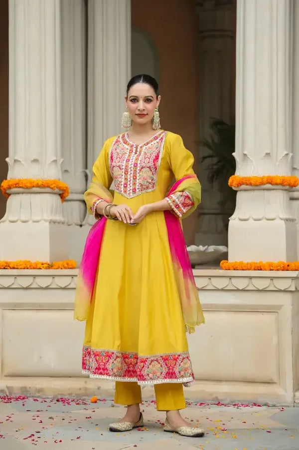 Anarkhi Women's Mustard Yellow Embroidered Anarkali Kurta Pant & Multicolor Dupatta Set | Festive Ethnic Wear