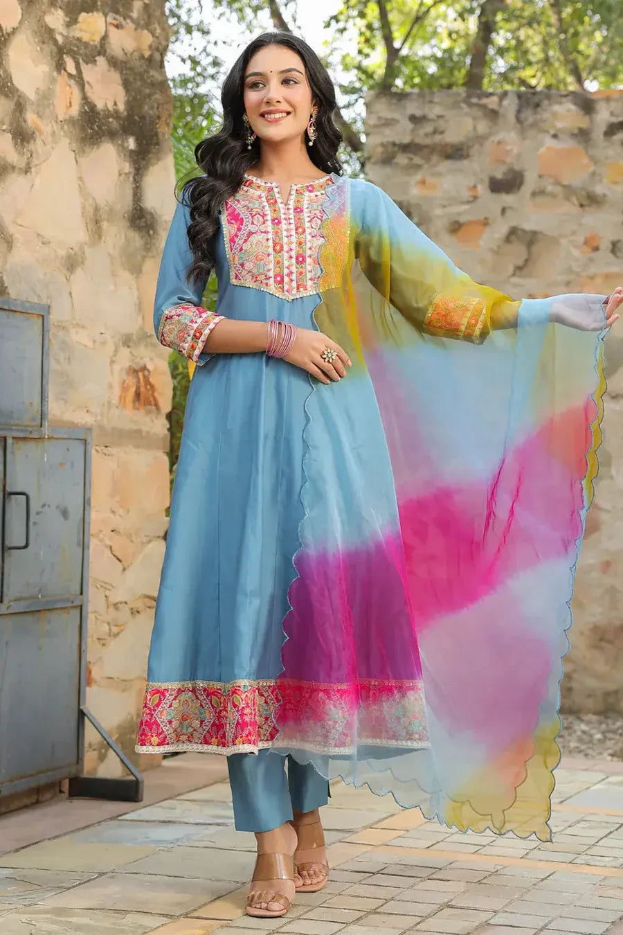 Anarkhi Women's Sky Blue Embroidered Anarkali Kurta Pant & Multicolor Dupatta Set | Festive Ethnic Wear