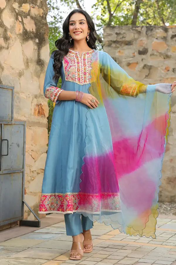 Anarkhi Women's Sky Blue Embroidered Anarkali Kurta Pant & Multicolor Dupatta Set | Festive Ethnic Wear