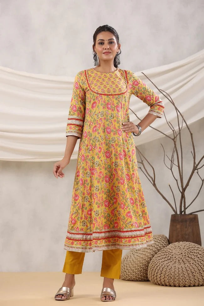 Anarkhi Women's Mustard Yellow Floral Printed Anarkali Kurta & Pant Set | Elegant Casual Ethnic Wear