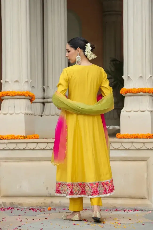 Anarkhi Women's Mustard Yellow Embroidered Anarkali Kurta Pant & Multicolor Dupatta Set | Festive Ethnic Wear