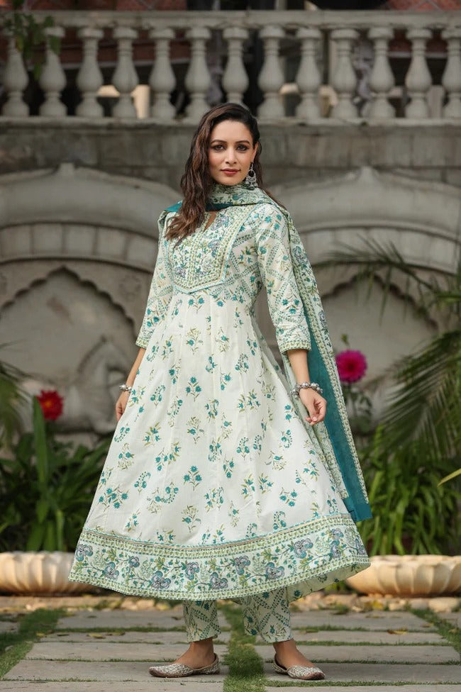 Anarkhi Women's Ivory & Teal Floral Printed Anarkali Kurta Pant & Dupatta Set | Elegant Ethnic Wear