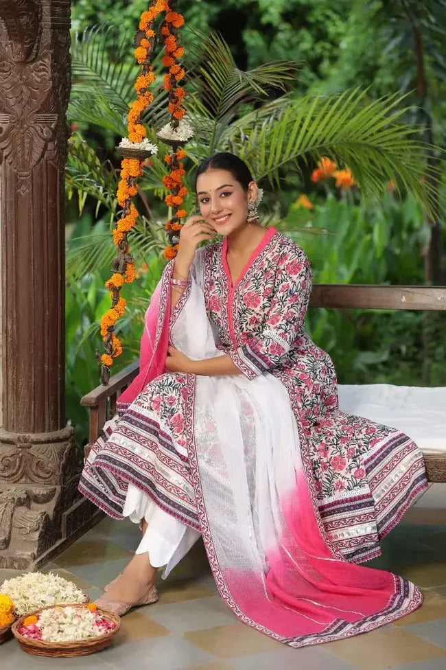 Anarkhi Women's White & Pink Floral Printed Anarkali Kurta Pant & Dupatta Set | Elegant Festive Ethnic Wear