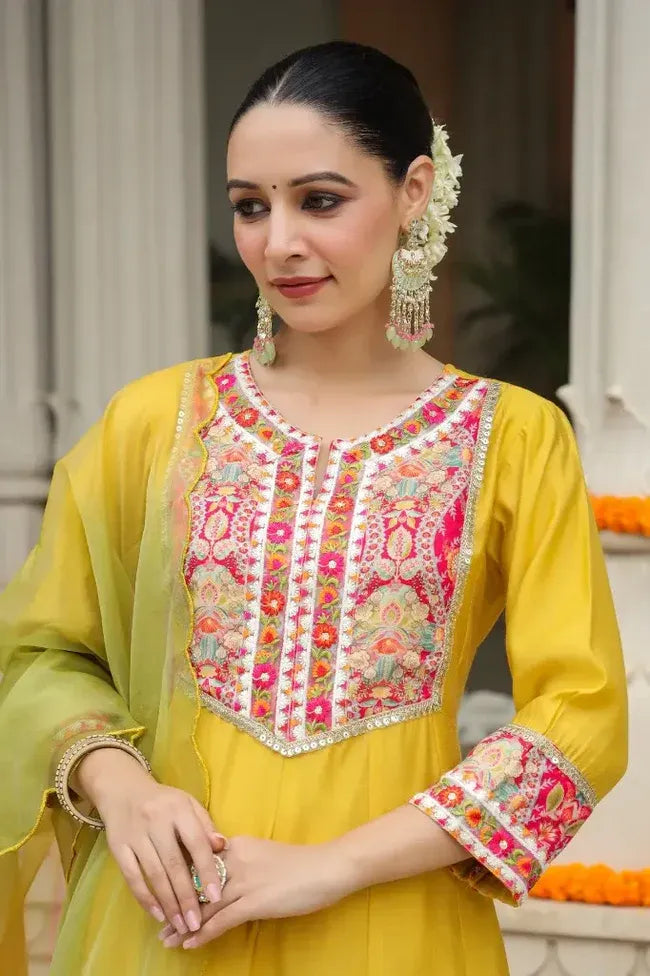 Anarkhi Women's Mustard Yellow Embroidered Anarkali Kurta Pant & Multicolor Dupatta Set | Festive Ethnic Wear