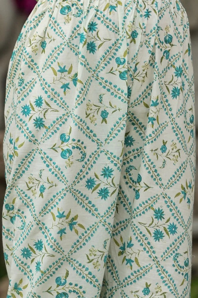 Anarkhi Women's Ivory & Teal Floral Printed Anarkali Kurta Pant & Dupatta Set | Elegant Ethnic Wear