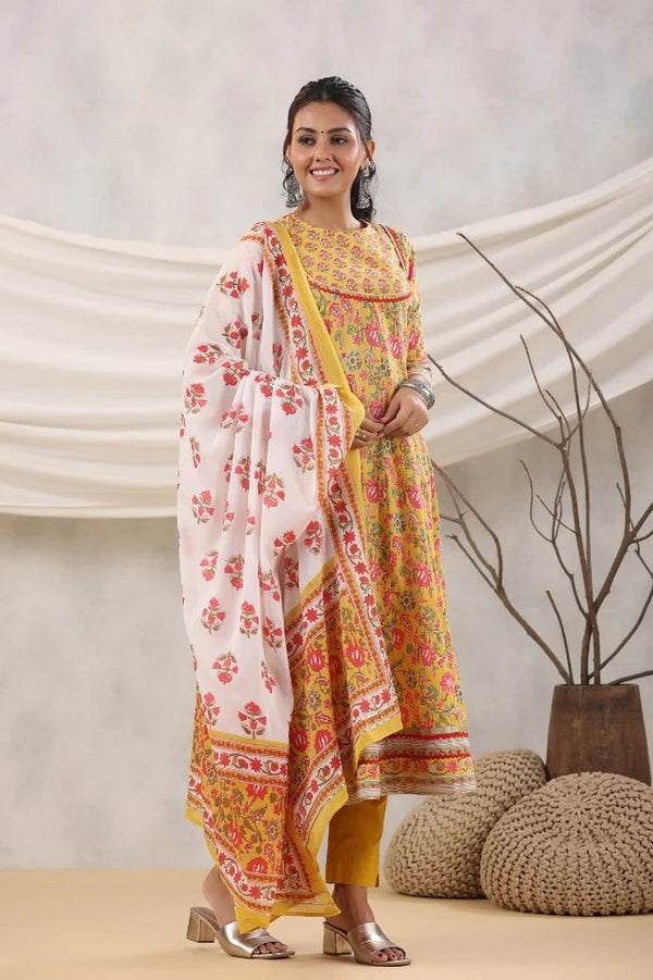 Anarkhi Women's Mustard Yellow Floral Printed Anarkali Kurta & Pant Set | Elegant Casual Ethnic Wear