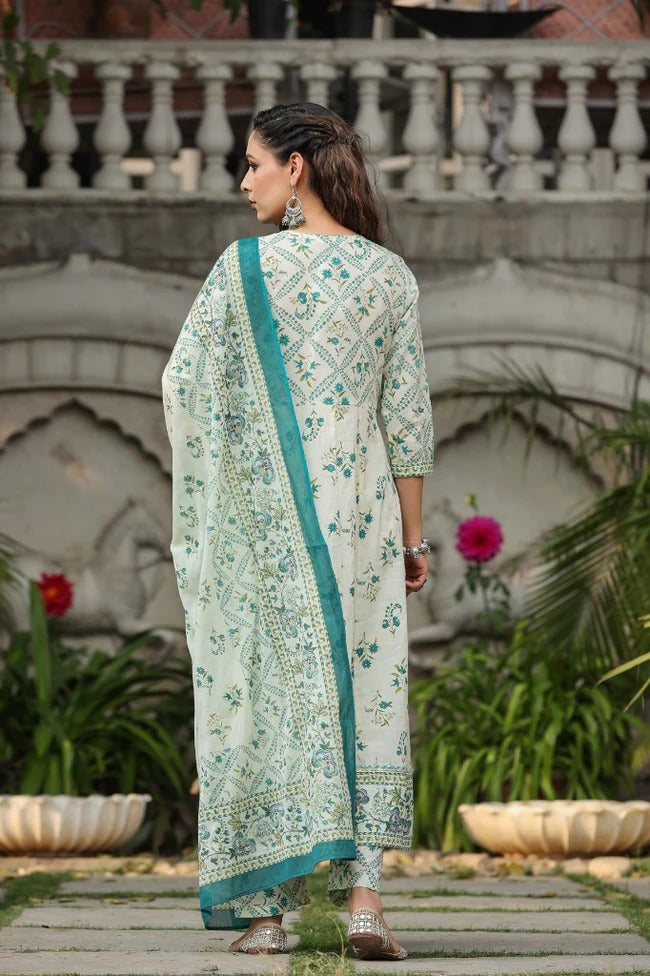 Anarkhi Women's Ivory & Teal Floral Printed Anarkali Kurta Pant & Dupatta Set | Elegant Ethnic Wear