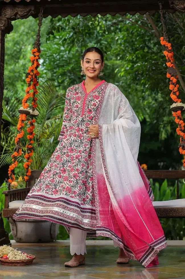 Anarkhi Women's White & Pink Floral Printed Anarkali Kurta Pant & Dupatta Set | Elegant Festive Ethnic Wear
